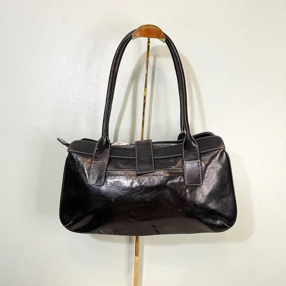 Hype Satchel Shoulder Bag Black Patent Leather Multi Pocket Handbag Purse Buckle - Picture 2 of 10